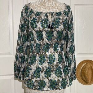 Tory Burch Top white Green Flora Cotton Scoop Neck Keyhole Tunic Elastic waist 6